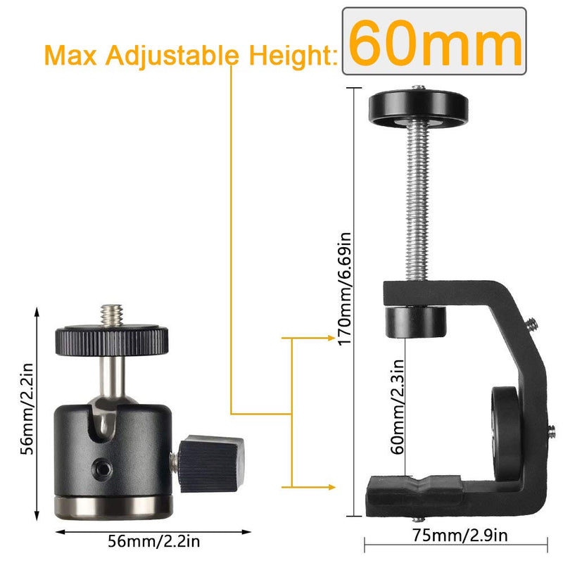 UTEBIT C Clamp with Tripod Head Adjustable Camera Clamp Mount Set for Desktop 360 Degree Swivel Mini Ball Head with Hot Shoe and 1/4 Screw Compatible for Canon Nikon DSLR Monitor