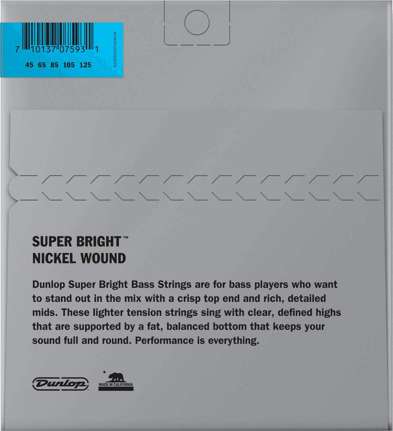 Dunlop DBSBN45125 Super Bright Bass Strings, Nickel Wound, Medium, .045–.125, 5 Strings/Set