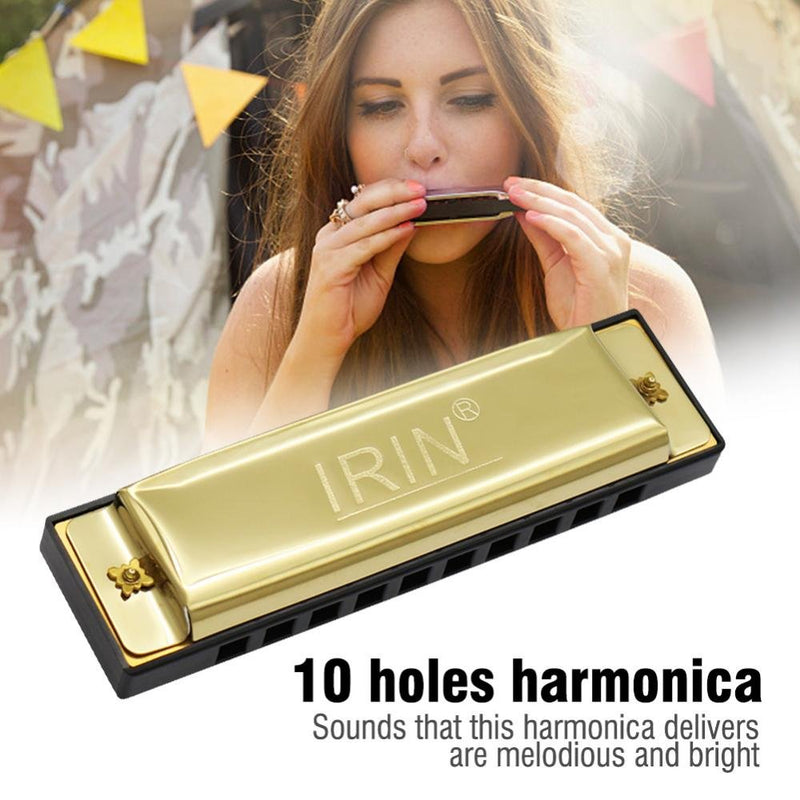 Dilwe 10 Holes Harmonica, Lightweight Metal 10 Holes Harmonica Musical Instruments for Beginner Kids Gold