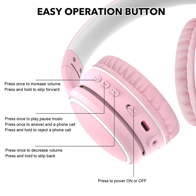 RORSOU B10 Bluetooth Headphones Over Ear, Lightweight Folding Stereo Bass Wireless and Wired Headset with Mic, 50H Playtime, Volume Control, Bluetooth 5.3 Headphones for iPad/Travel/Tablet/PC (Pink) Pink