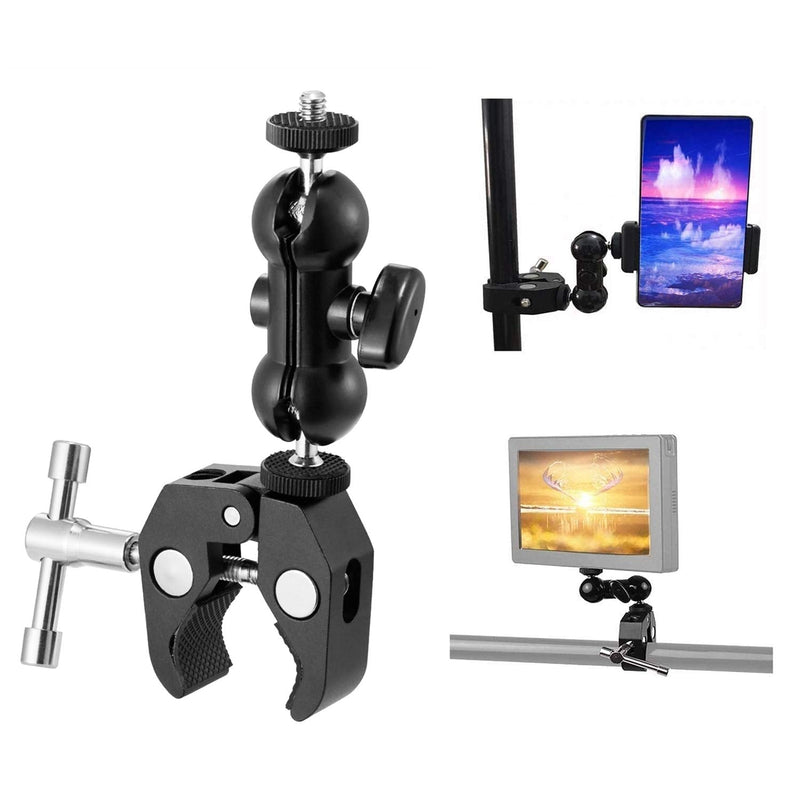 WANBY Double Ballhead Magic Arm Camera Clamp Mount Monitor Mount Bracket with Super Clamp with 1/4" and 3/8" Thread for DSLR Camera Rig, LCD Monitor, LED Flash Lights