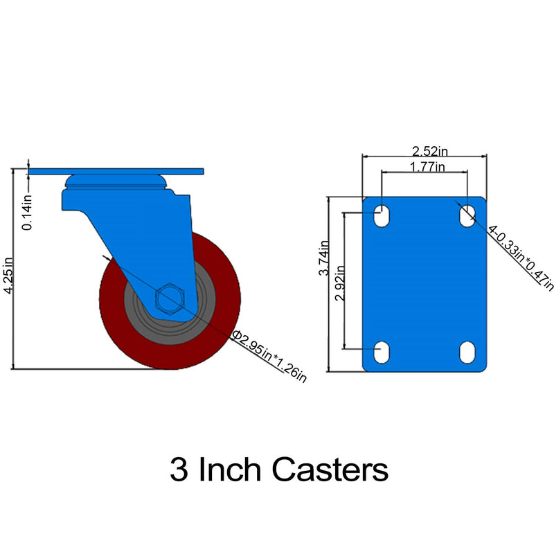 3 inch Heavy Duty Casters, Lockable Bearing Caster Wheels with Brake, Swivel Casters for Furniture and Workbench, Set of 4, Load 1500lbs (Free screws and a spanner) 3 inch