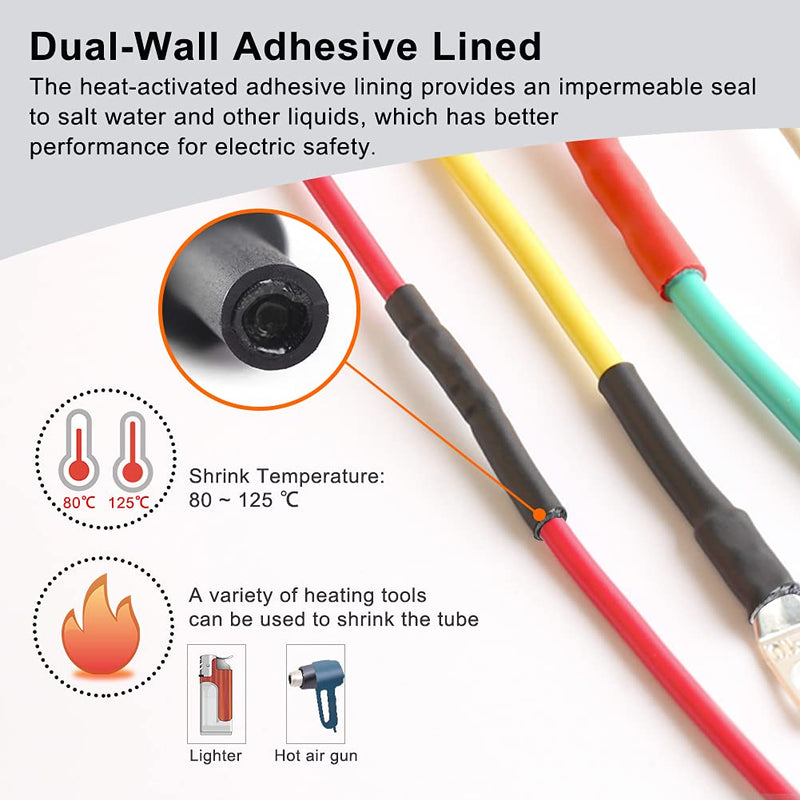 Waterproof Heat Shrink Tubing Kit 350 pcs, ELECFUN 3:1 Dual Wall Tube - Adhesive Lined - Marine Heat Shrink Tubing Black, 7 Sizes 0 KIT350