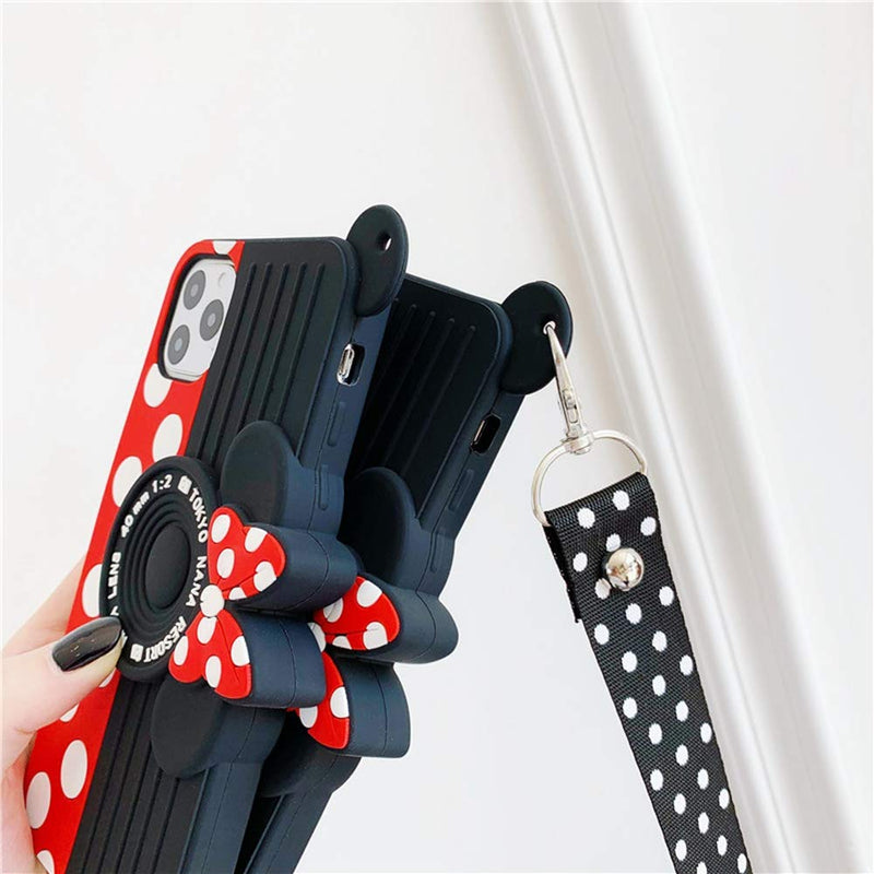 MC Fashion iPhone 12 Mini Case, Cute 3D Minnie Mouse Camera Case with Polka Dots Lanyard, Shockproof Protective Soft Silicone Case for iPhone 12 Mini 5.4 inch 2020