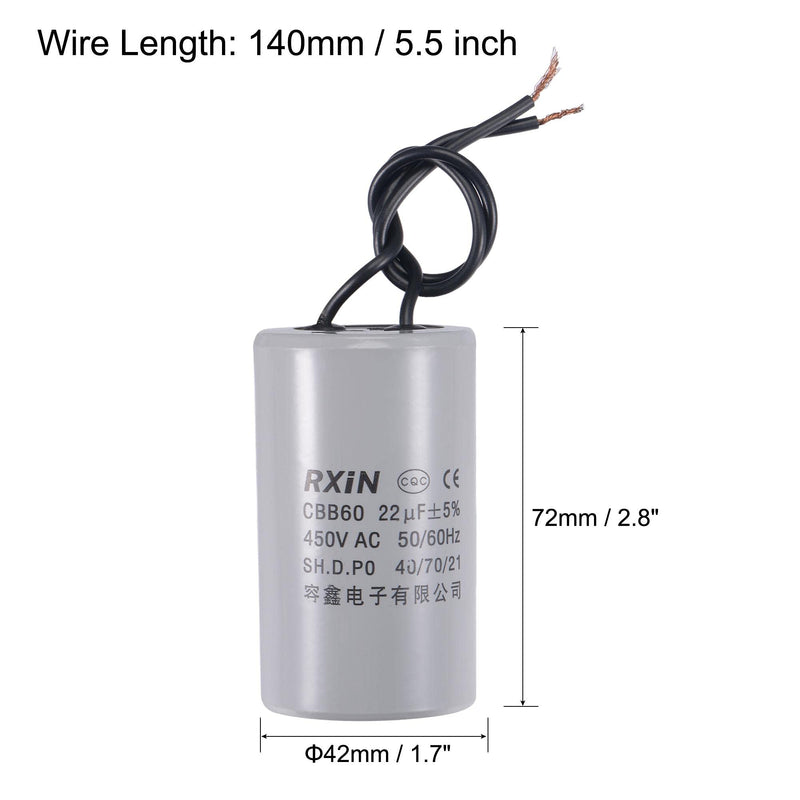 uxcell CBB60 Run Capacitor 22uF 450V AC 2 Wires 50/60Hz Cylinder 72x42mm for Air Compressor Water Pump Motor