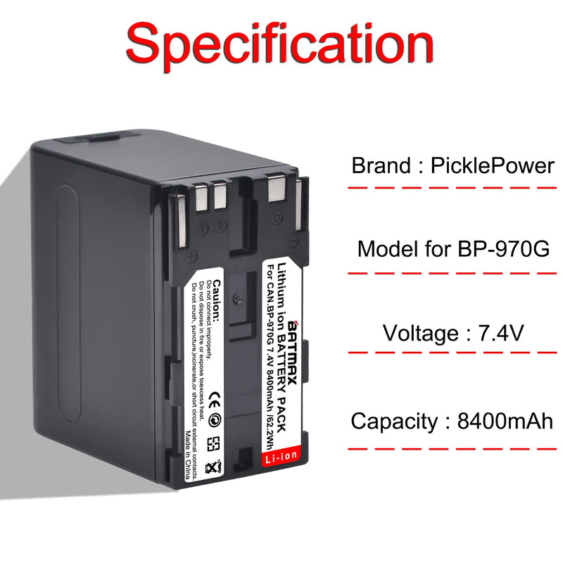 Batmax Built-in USB Port 8400mAh BP-970G Li-ion Battery for Canon BP-980GPRO, BP-970 BP-975 BP-945 BP-950 BP-950G BP-955, BP-930 BP-935, BP-925, BP-911 BP-911K BP-914 BP-915 XL1 XL1S XL2 GL1 GL2 XF305