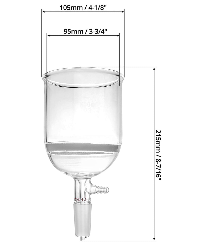 QWORK 500ml Filtering Buchner Funnel Medium Frit (G2) Lab Glassware with Standard 24/40 Joint and Vacuum Serrated Tubulation, 94mm I.D, 100mm Depth 500 ML