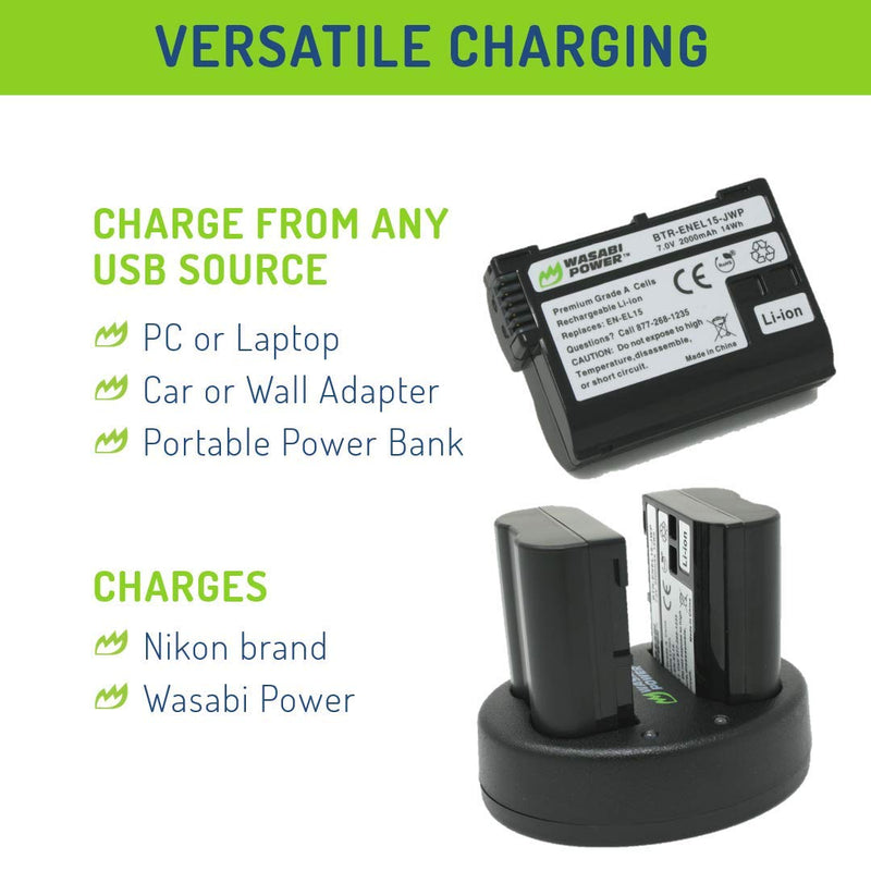 Wasabi Power Battery 2-Pack, Dual Charger for Nikon EN-EL15, EN-EL15b, EN-EL15c & D500, D600, D610, D750, D780, D800, D800E, D810, D810A, D850, D7000, D7100, D7200, D7500, Z5, Z6, Z6II, Z7, Z7II, 1 V1
