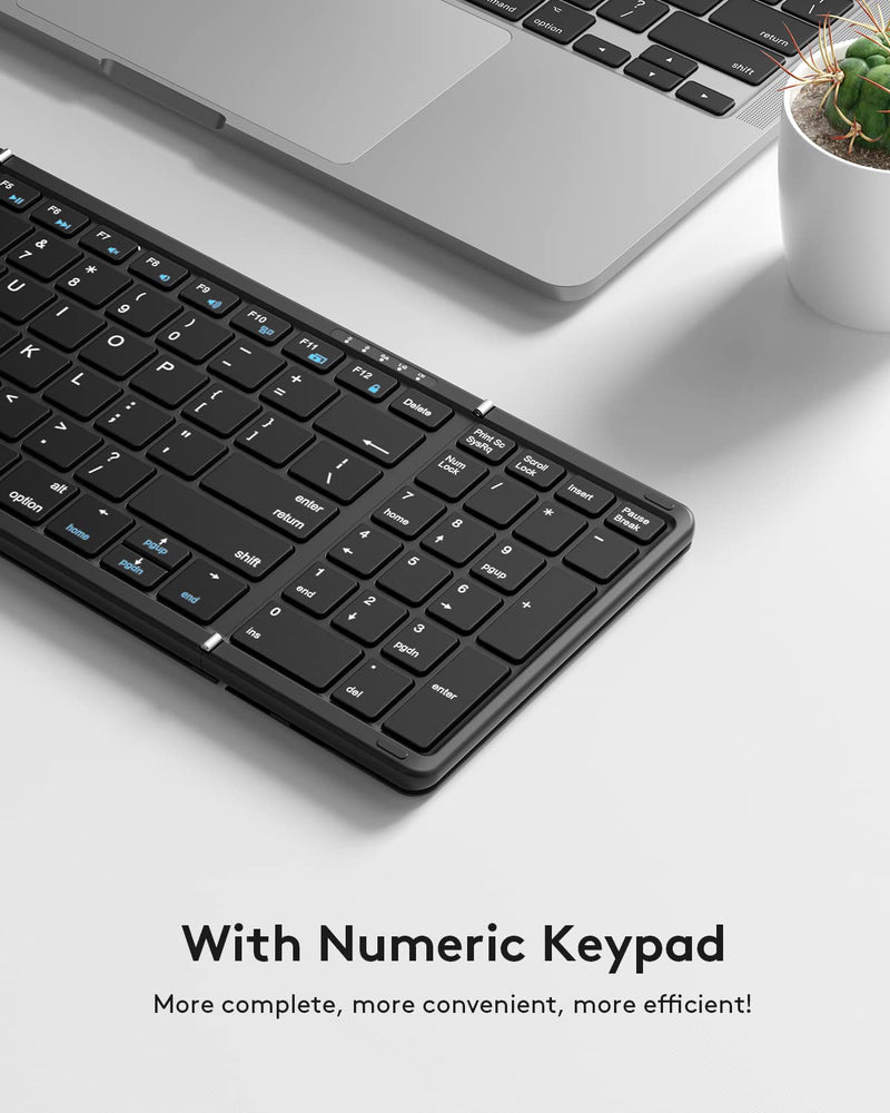 Foldable Bluetooth Keyboard with Numeric Keypad, Samsers Full-Size Wireless Folding Keyboard with PU Leather, Portable Travel Keyboard for iOS Android Windows Mac OS, Support 3 Device(BT5.1 x 3) Black Elegant Black