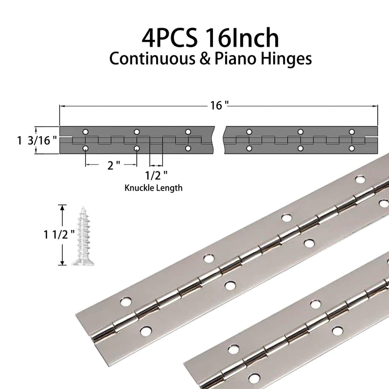 4PCS Piano Hinge 16 Inch Heavy Duty Hinges Stainless Steel Piano Hinges, 0.04" Leaf Thickness, 0.5" Knuckle Length, Screw Included