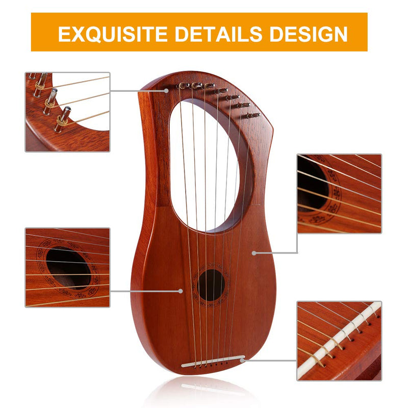 ammoon Lyre Harp 7 Metal Steel String Lyre Piano Mahogany Plywood Body String Instrument with Tuning Wrench and Black Gig Bag - Reddish Brown