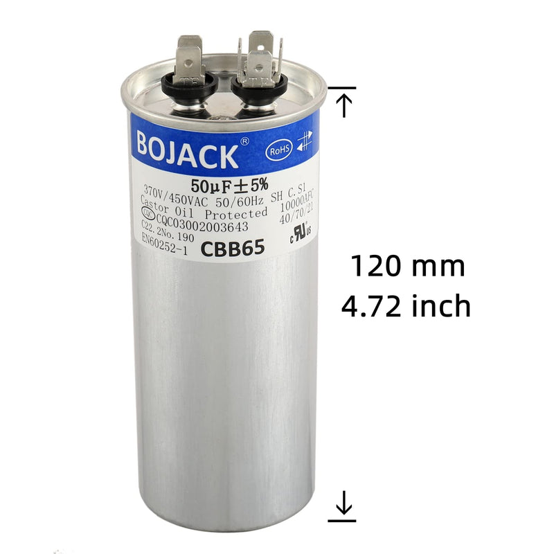 BOJACK 50 uF ±5% 50 MFD 370/450 V CBB65 Round Run Start Capacitor for AC Motor Run or Fan Start and Cool or Heat Pump Air Conditione