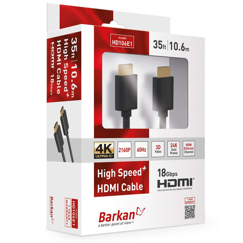 Barkan 35ft High Speed HDMI Cable 4K Ultra HD 60Hz 3D Video 24K Gold Plated Head Black, HD106E1