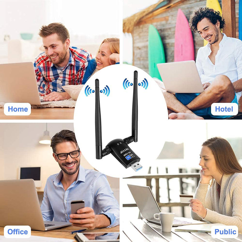 Netvip USB WiFi Adapter AC1200 Dual Band 5.8G 867Mbps/2.4G 300Mbps High Gain Dual 5dBi Antennas,Wireless Network USB 3.0 for Desktop/Laptop/PC,Works with Windows XP/Vista/7/8/10/Mac OS X