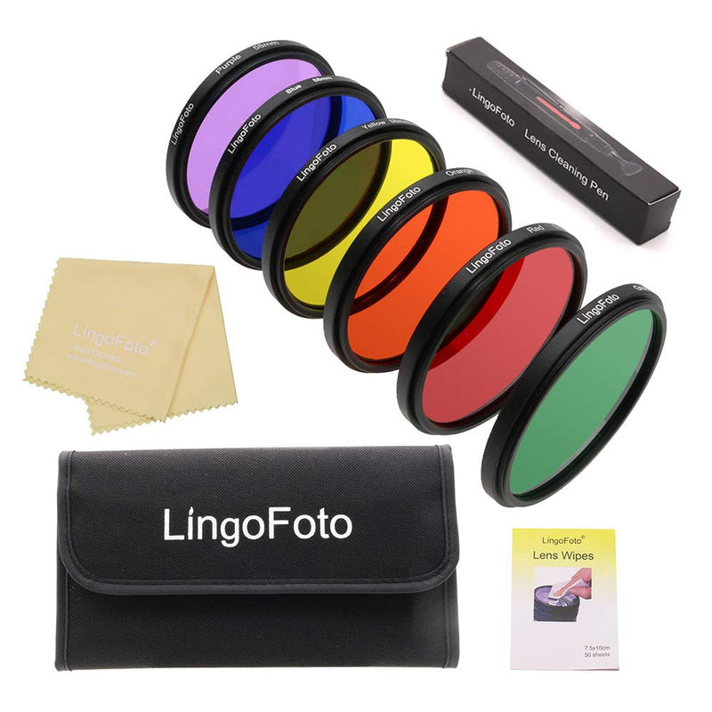 LingoFoto 6pcs Round Full Color Lens Filter Set Red Orange Yellow Green Blue Purple+ 6 Pockets Filter Pouch+3 Lens Cleaning Tool (52mm) 52mm