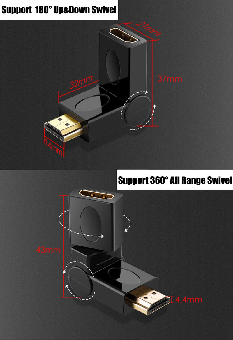 Warmstor 2-Pack HDMI Male to Female Swivel Adapter 90 180 270 360 Degree Angle Adjustable,HDMI Cable Rotatable Extension Connector Gold-Plated Support 3D & 4K