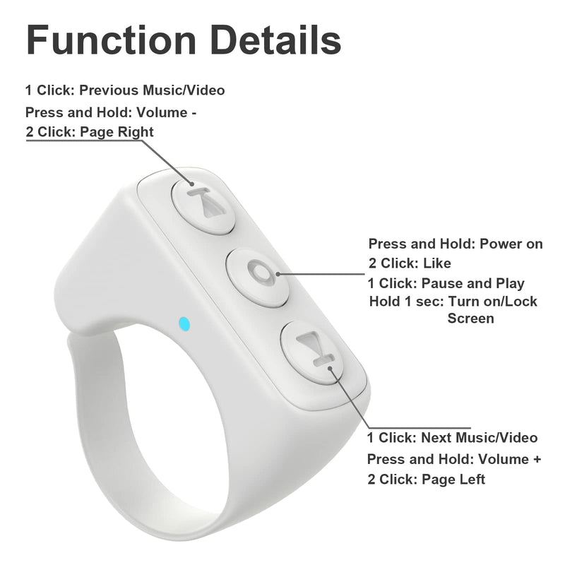 TIK TOK Bluetooth Remote Control Video Page Turner with Most Smartphones and Tablets(iOS Android),Wireless Ring Camera Shutter Control,Bluetooth 5.0USB Rechargeable 32ft Range-White (D01) White