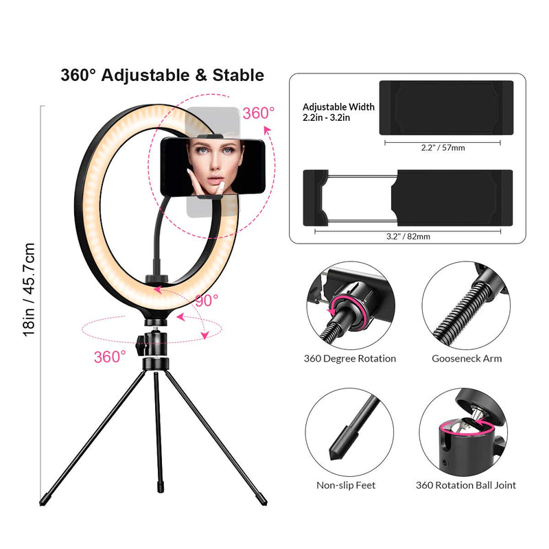 10" LED Selfie Ring Light Kit with 360° Rotating Phone Holder, 3 Color Modes, 10 Adjustable Dimmable Brightness, 18" Tripod Stand for YouTube/Live Stream/Video Shooting/Makeup/Photography 10inch