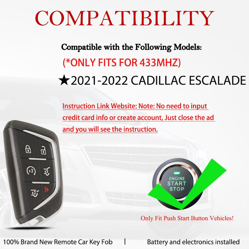 Smart Key Fob Remote Replacement Fits for Cadillac Escalade 2021 2022 YGOG20TB1 Keyless Entry Remote Start Control 6 Button 433MHz 13541571 13546300