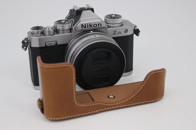 Z fc Zfc Case, BolinUS Handmade PU Leather Fullbody Camera Case Bag Cover for Nikon Z fc Zfc with 28mm Lens Bottom Opening Version + Neck Strap + Mini Storage Bag (Brown) Brown