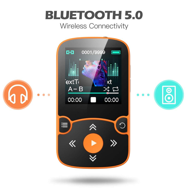 32GB MP3 Player with Clip, AGPTEK Bluetooth 5.0 Lossless Sound with FM Radio, Voice Recorder for Sport Running, Supports up to 128GB TF Card,Orange Orange