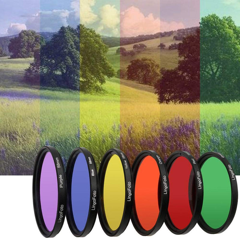 LingoFoto 6pcs Round Full Color Lens Filter Set Red Orange Yellow Green Blue Purple+ 6 Pockets Filter Pouch+3 Lens Cleaning Tool (49mm) 49mm
