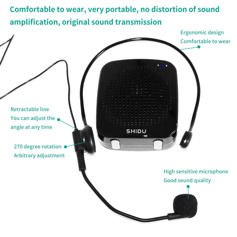 [AUSTRALIA] - SHIDU Voice Amplifier with Microphone Headset, 2000 mAh Rechargeable 15W Portable Amplifier Pa Amp Speaker for Teachers, Classroom,Meetings and more 