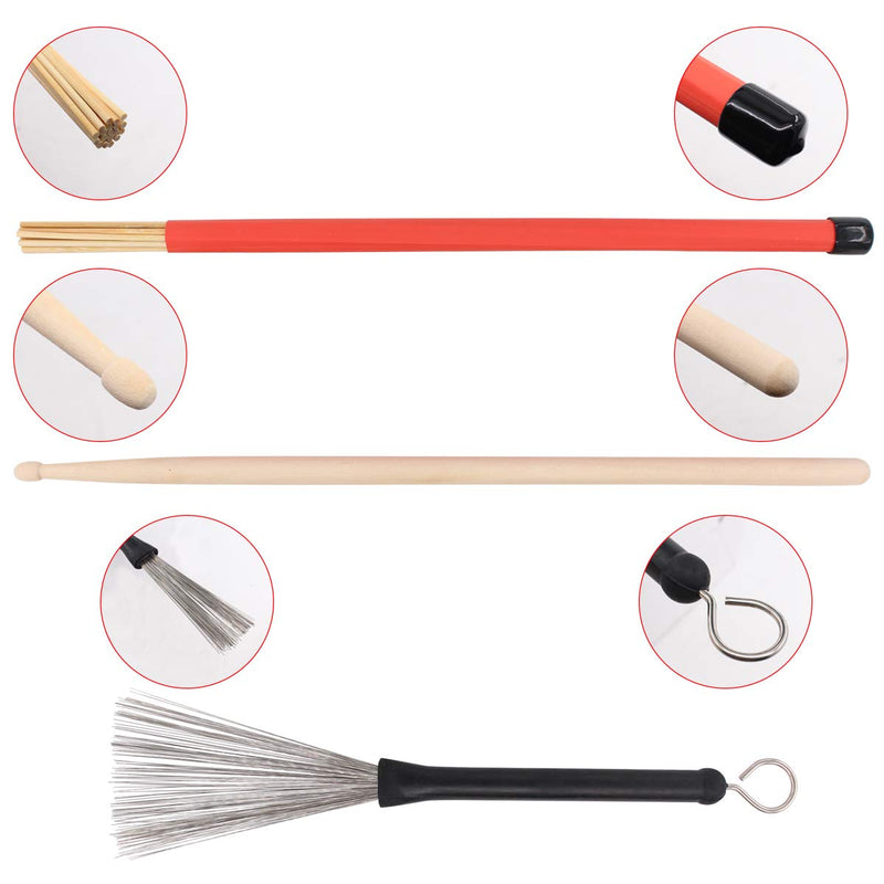 XtremeAmazing Drum Sticks Set 2Pcs 5A Maple Wood Drum Sticks 2Pcs Retractable Drum Wire Brush 2Pcs Rods Drum Brushes for Rock Band Jazz Folk Students Kids Adults