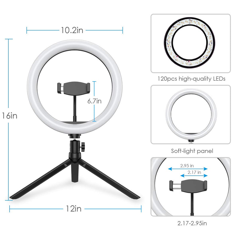 Criacr 10'' LED Ring Light with Tripod Stand, for Live Streaming & YouTube Video, Dimmable Desk Makeup Light for Phpgography, with Cell Phone Holder, 3 Light Modes and 10 Brightness Level