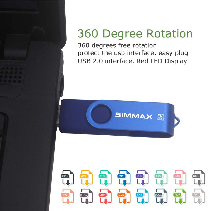 SIMMAX 32GB Memory Stick USB 2.0 Flash Drives Swivel Thumb Drive Pen Drive (32GB Blue) 1Pack 32GB Swivel-Blue