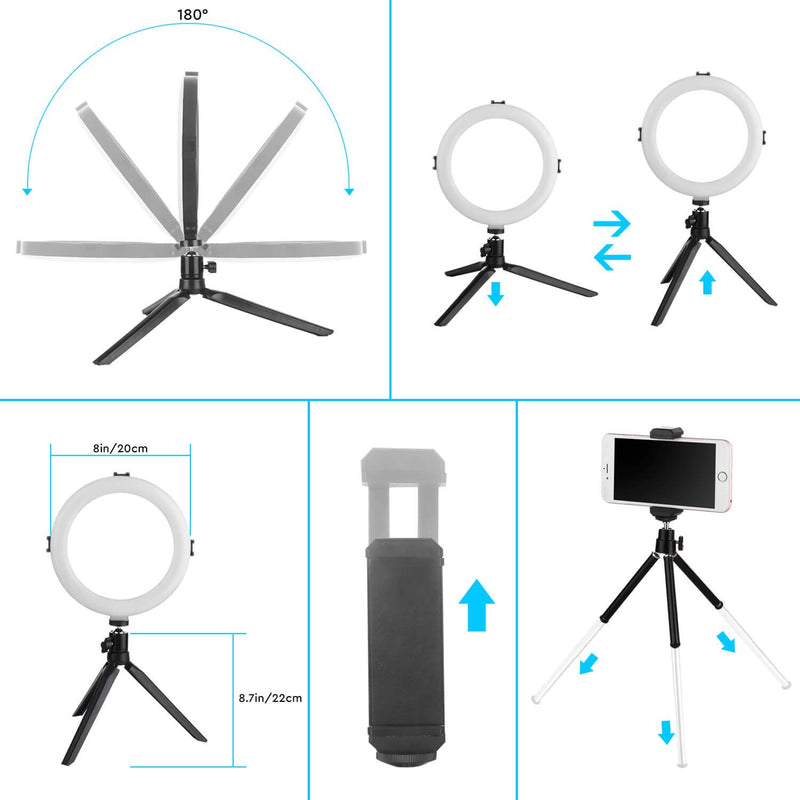LED Ring Light 8 Inch - Desk Makeup Ring Light for Photography, Shooting with 3 Light Modes & 10 Brightness Level with Tripod Stand, Ball Head & Phone Clip for Live Streaming&YouTube Video 8 Inch KIT