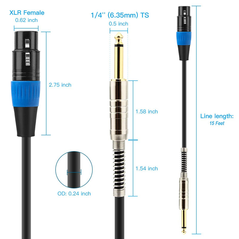 [AUSTRALIA] - XLR Female to 1/4" 6.35mm Mono TS Cable, Unbalanced XLR Female to 1/4" TS Plug Microphone Cable, 15 Feet / 5m - JOLGOO 