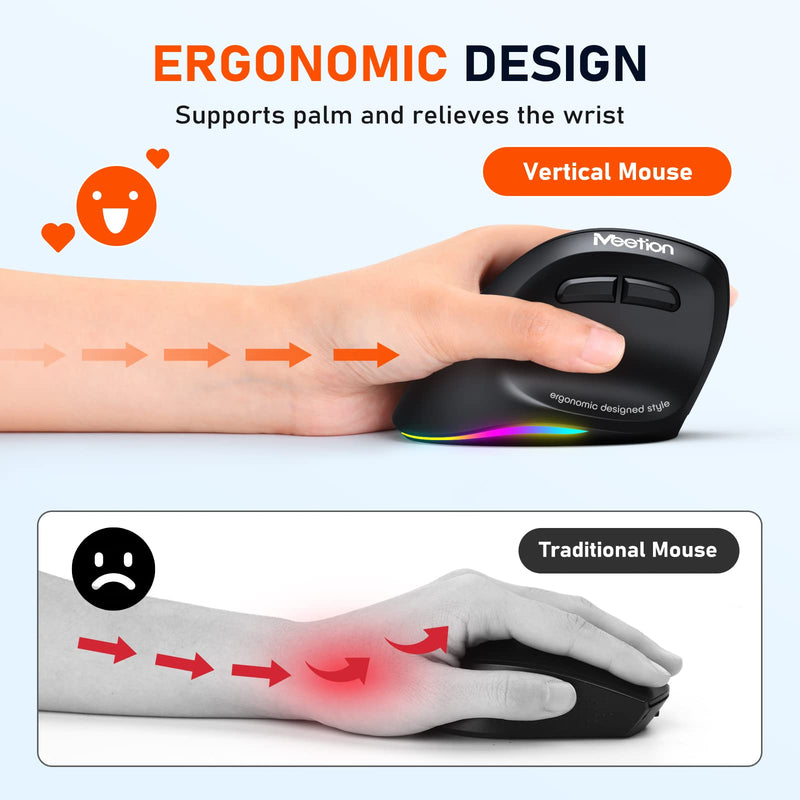 MEETION Left-Handed Mouse, Ergonomic Mouse Wireless Vertical Mouse, RGB Rechargeable Mice for Bluetooth(5.2 + 3.0) & USB-A with Type-c Adapter 4 Adjustable DPI for Mac/Windows/Andriod/PC/Tablet/iPad Black
