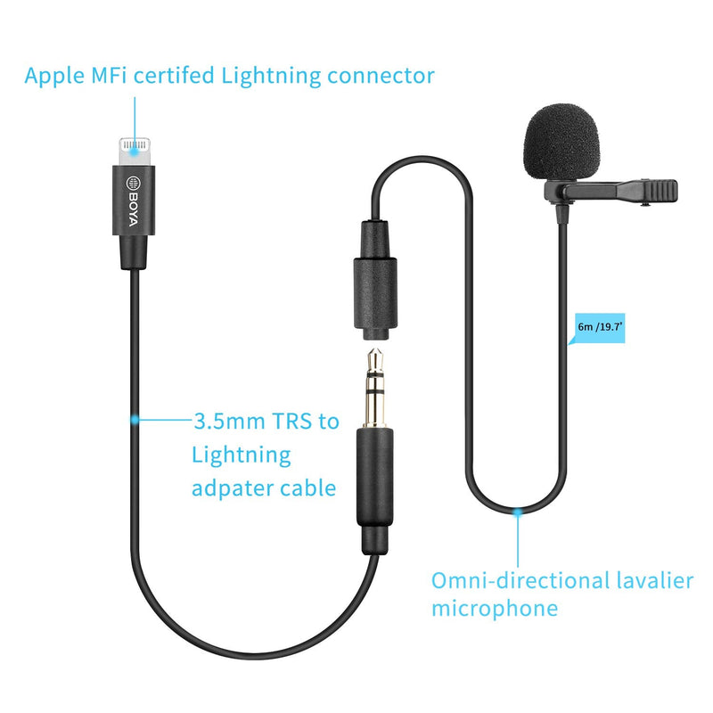 BOYA Lavalier Lightning Microphone for iOS iPhone 11 Vlog, 20 ft/6m by-M2 Lapel Universal Mic with Lightning Plug Adapter for iPhone 11 10 X 8 7 MAC YouTube Video Facebook Live