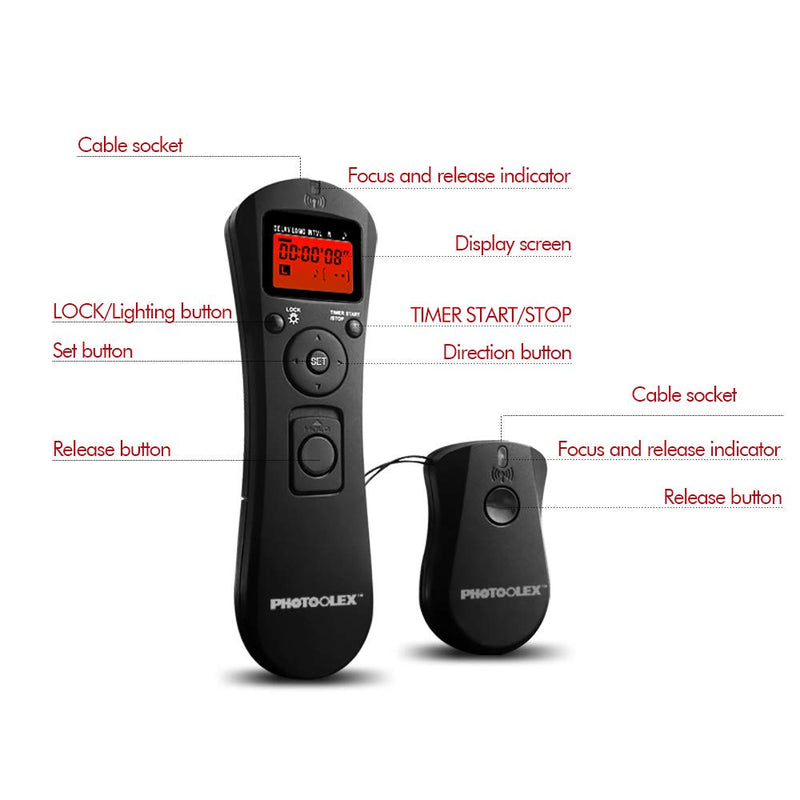 PHOTOOLEX Intervalometer 2.4G Wireless Remote Control LCD Timer Remote Control Shutter Release for Nikon D90, D5000, D7000, D7100, D7200, D3100, D5100, D2, D3, D2H, D2Hs, D2X, D2Xs, D200, D300 Wireless Remote Controller