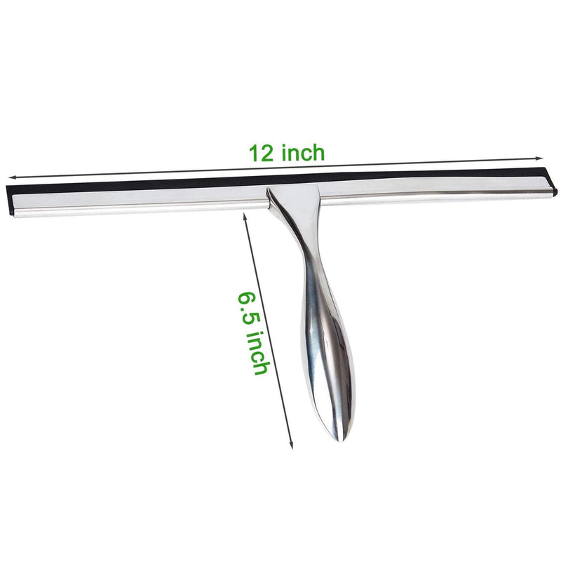 K Kwokker 12 Inch Squeegee for Shower, Shower Squeegee with Suction Cup Hooks, for Glass Door Marble Mirror Bathroom, Chrome Plated Stainless Steel Deluxe Car Window Home Kitchen Tile Scraper