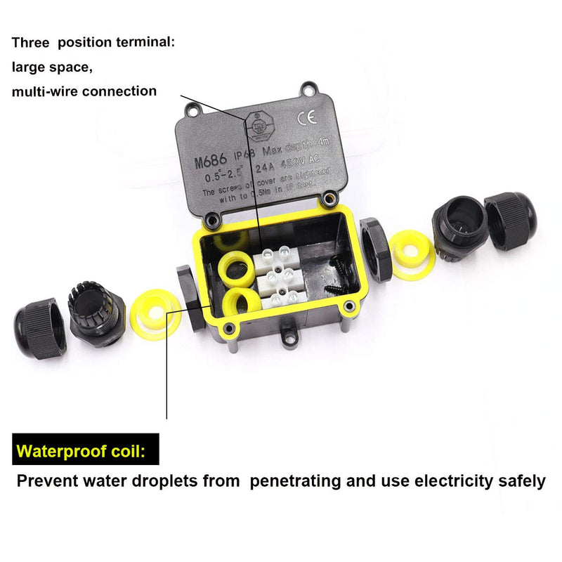 smseace Outdoor Waterproof IP68 Junction Box, 2-Way Plug Wire External Electrical Junction Box, M686 Coaxial Cable Connector Wire Diameter 5-12mm (1 Black) M686-2P M686-2wires