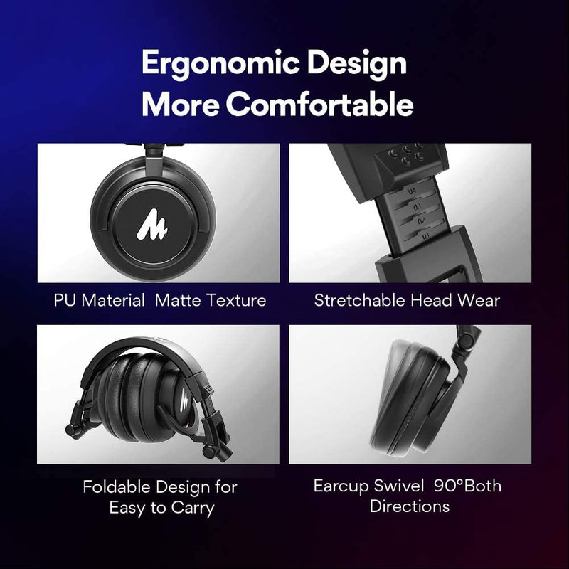 50MM Drivers Studio Headphones MAONO AU-MH601 Over Ear Stereo Monitor Closed Back Headphones for Music, DJ, Podcast (Black) Black Headphones