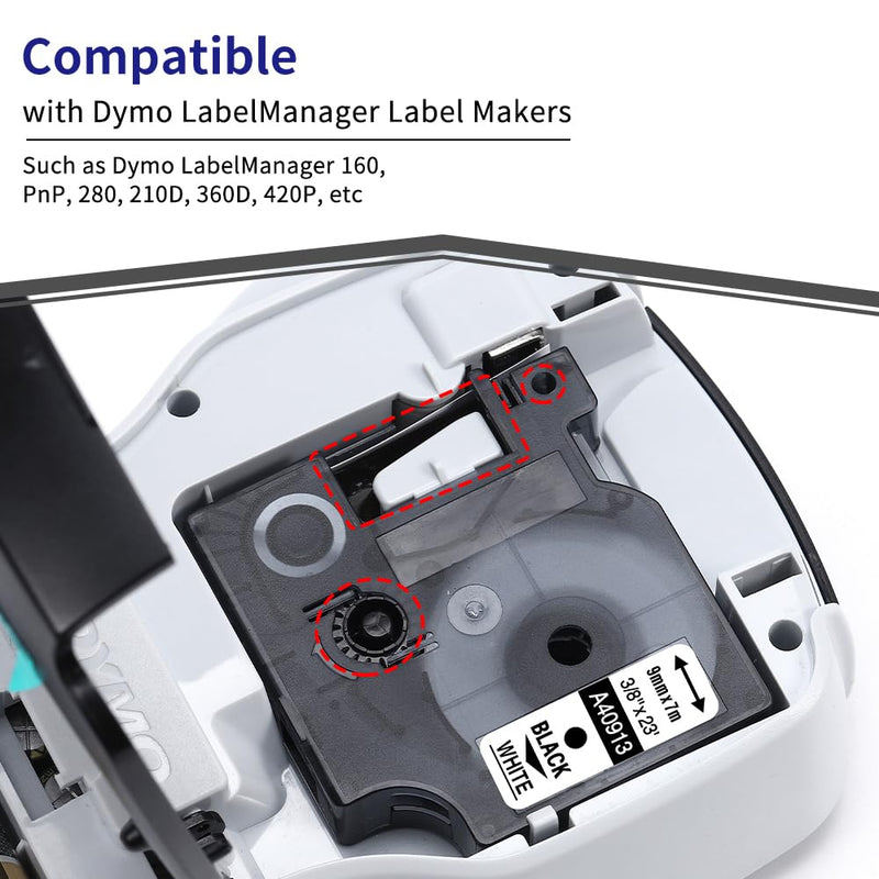 6-Pack Compatible Dymo 41913 (40913) 3/8 Inch D1 Label Tape Black on White 9mm Refills S0720680 for DYMO LabelManager 160 280 360D Label Maker COLORPOP, 23Ft 3/8"-black on White