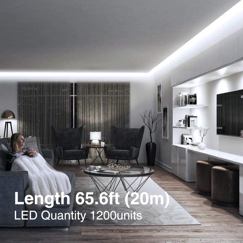 Onforu 65.6ft LED Strip Light, 6000K Daylight White Dimmable Tape Light, 20m 12v Flexible Ribbon Light, 2835 LEDs Rope Lighting for Home, Kitchen, Under Cabinet, Bedroom, Non-Waterproof