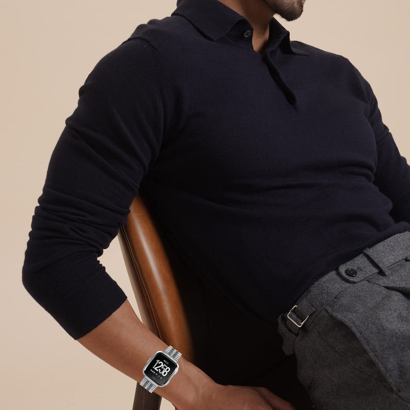 NINKI Compatible with Fitbit Versa/Versa 2/Versa Lite/SE Band Metal Black,Luxury Business Bracelet Replacement Strap Watch Bands for Fitbit Versa Lite Women Men Girls Accessories Band Silver Normal
