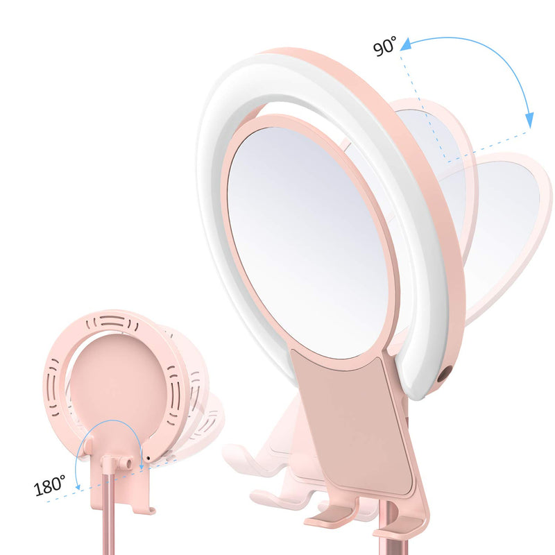Selfie Ring Light with Phone Holder and Mirror, 6.2" Desktop Circle Light with 3 Lighting Colors and 10 Brightness, Portable Halo Light for YouTube/Makeup/Live Stream/Video Shooting Pink