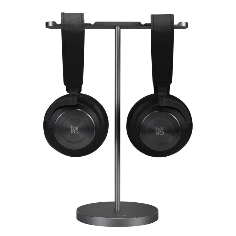 Double Headphones Stand, JOKItech Aluminum Alloy Desk 3 Headsets Holder Supporting Desktop Earphone Hanger Mount Storage Rack with Heavy Base for Home and Office Display Spacegrey Dual