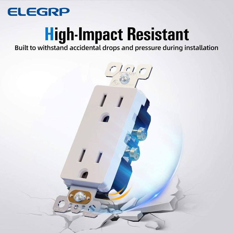 ELEGRP Decorator Receptacle, 15A 125V Standard Electrical Wall Outlet, 2 Pole 3 Wire, Non- Tamper Resistant, NEMA 5-15R, Self-Grounding Residential Grade Outlet, UL (Glossy White, 10 Pack) Non Tamper Resistant