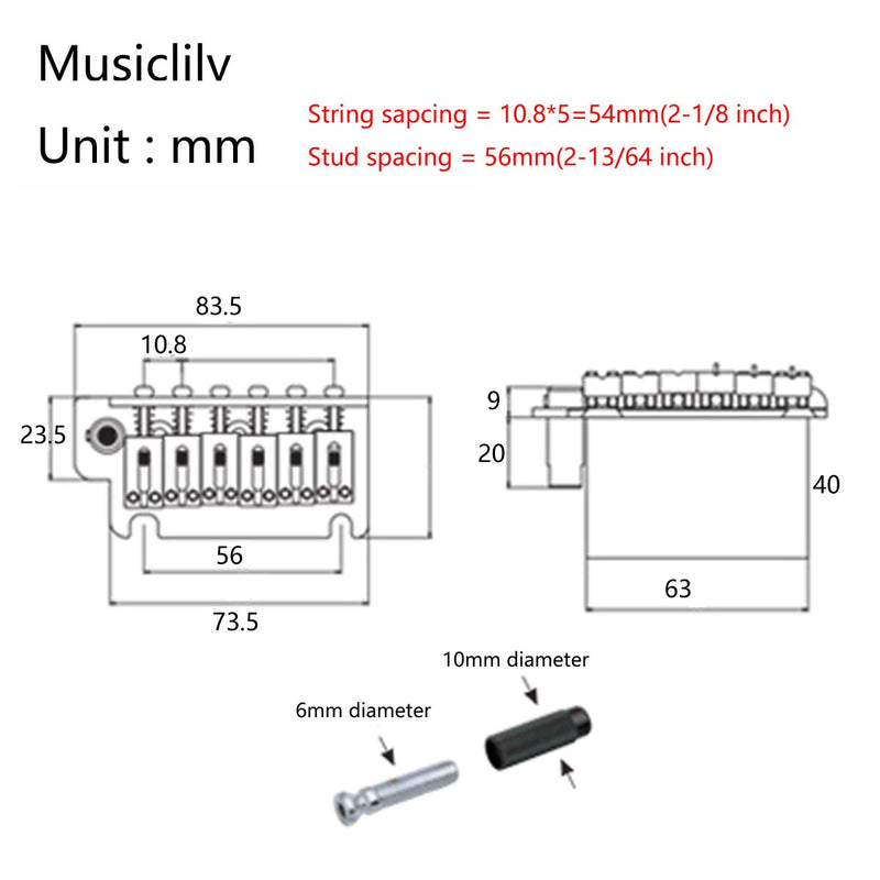 Musiclily Pro 54mm 2-Point Style Guitar Tremolo Bridge with Stainless Steel Saddles Full Steel Block for Japan Strat and Import Strat, Black