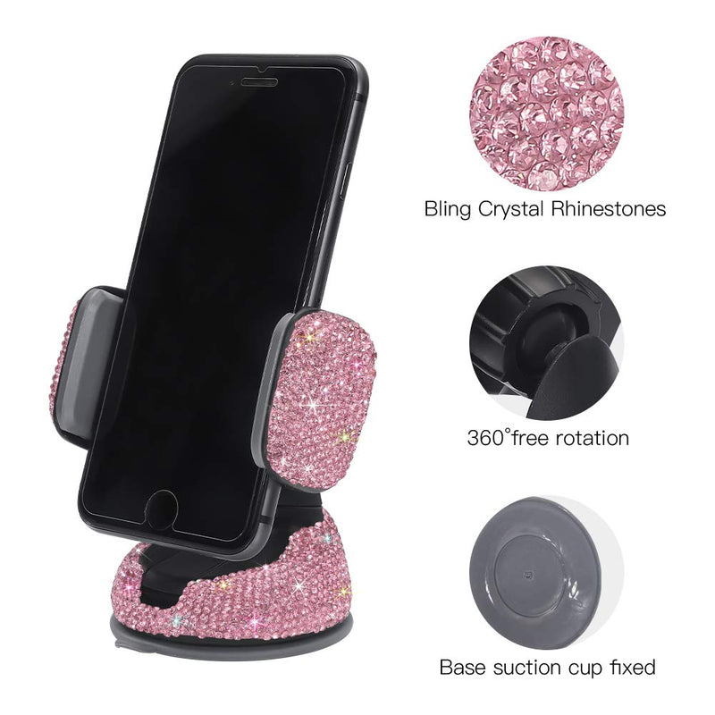 SAVORI Bling Car Phone Mount Rhinestone Crystal Car Interior Decoration Universal Cell Phone Holder Clip with Air Vent Base for Dashboard Windshield and Air Vent (Pink) Pink