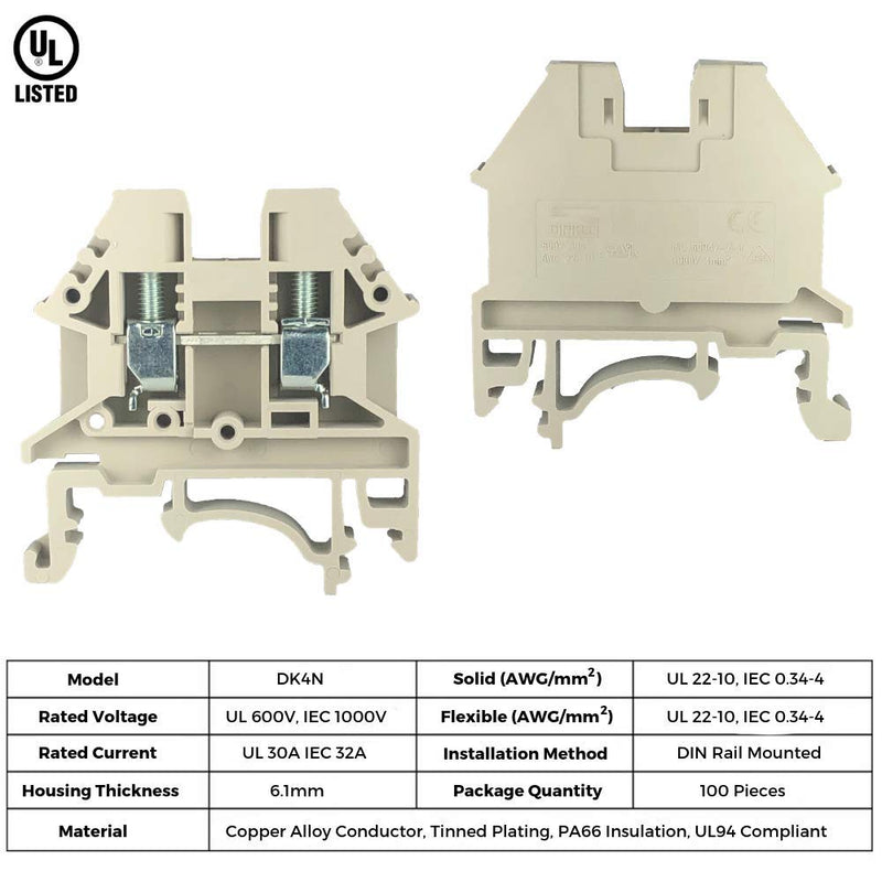 Dinkle DK4N DIN Rail Terminal Block Screw Type UL 600V 30A 10-22AWG, Pack of 100