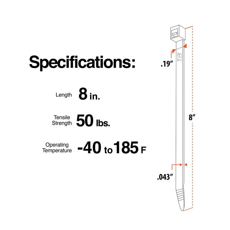 TR Industrial Multi-Purpose UV Resistant Black Cable Ties, 8 inches, 100 Pack 8"