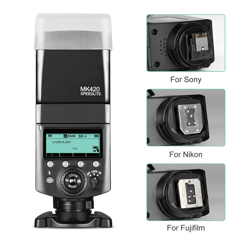 Meike MK420N TTL Li-ion Battery Camera Flash Speedlite with LCD Display Compatible with Nikon D850 D810 D3400 D3300 Z6 Z7 and Other DSLR Cameras + Lithium Battery +Diffuser+Battery Charger