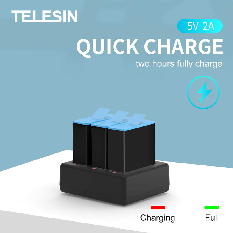 TELESIN Hero 9 Batteries and 3-Channel LED USB Charger Compatible with Hero 9 Black, Fully Compatible with Original (Charger + 2×Batteries) Charger + 2×batteries